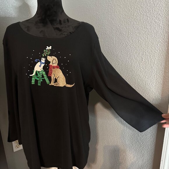 Karen Scott Womens Top XXL Black Holiday 3/4 Sleeve Embellished Dog Cat Retro - Picture 6 of 9